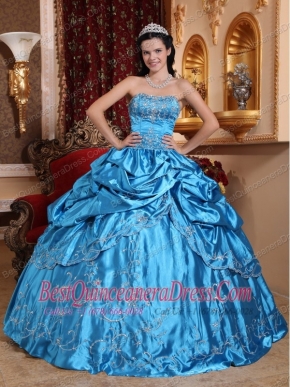 Blue Ball Gown Strapless Floor-length Taffeta Embroidery with Beading Quinceanera Dress