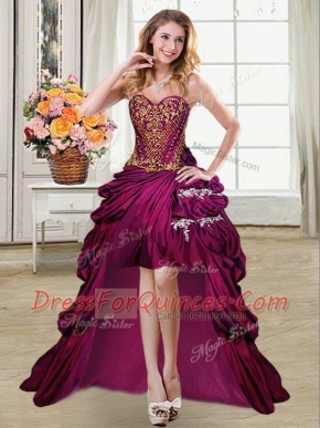 High Low Fuchsia Homecoming Dress Taffeta Sleeveless Beading and Appliques and Pick Ups