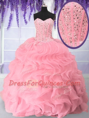 Sweetheart Sleeveless Quinceanera Dresses Floor Length Beading and Ruffles Pink Organza