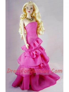 Fashion Fuchsia Party Dress With Ruffled Layers Gown For Barbie Doll