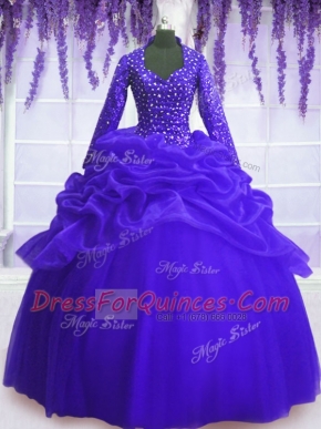 Shining Organza V-neck Long Sleeves Zipper Sequins and Pick Ups Sweet 16 Quinceanera Dress in Royal Blue