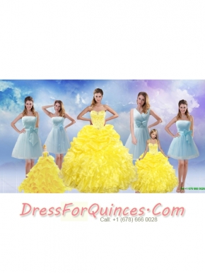 Yellow Sweetheart Rufflers Beading Quinceanera Dress and Bownot Short Prom Dresses and Yellow Spaghetti Straps Beading Pageant Dresses for Little Girl