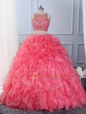 Hot Pink Sleeveless Organza Lace Up 15 Quinceanera Dress for Military Ball and Sweet 16 and Quinceanera