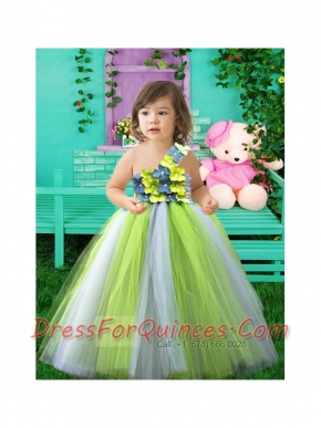 Sweet Ball Gown One Shoulder Floor-length Little Girl Dress with Hand Made Flower
