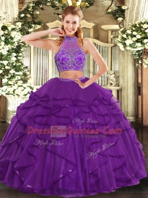 Unique Floor Length Purple 15 Quinceanera Dress Tulle Sleeveless Beading and Ruffled Layers