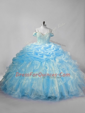 Modern Baby Blue 15 Quinceanera Dress Sweet 16 and Quinceanera with Beading and Ruffles and Pick Ups Straps Sleeveless Brush Train Lace Up