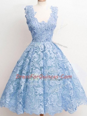 Sleeveless Knee Length Lace Zipper Dama Dress for Quinceanera with Light Blue
