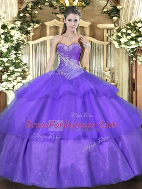 Latest Lavender Ball Gowns Tulle Sweetheart Sleeveless Beading and Ruffled Layers Floor Length Lace Up Sweet 16 Dress
