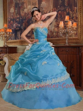 Sweetheart Appliques Pick-ups Organza Aqua Blue Best Quinceanera Dresses
