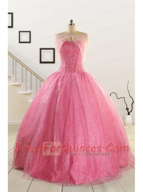 2015 Pretty Strapless Quinceanera Dresses in Rose Pink