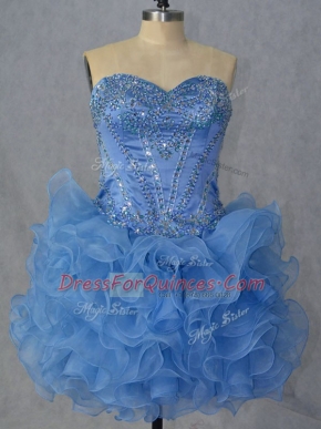 Mini Length Blue Prom Gown Organza Sleeveless Beading and Ruffles