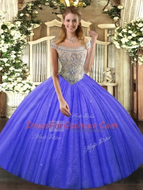 Blue Off The Shoulder Lace Up Beading Quinceanera Dresses Sleeveless