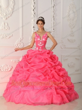 Watermelon Red Ball Gown Straps Floor-length Taffeta and Organza Appliques Quinceanera Dress