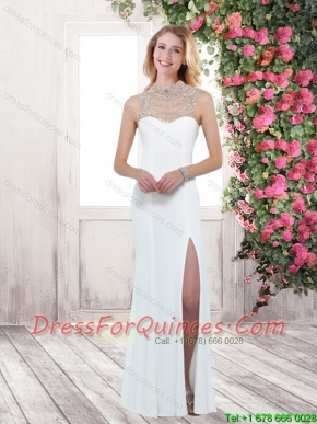 New Style High Neck White Prom Dresses with Brush Train