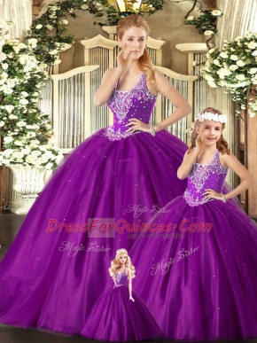 Stylish Purple Ball Gown Prom Dress Military Ball and Sweet 16 and Quinceanera with Beading Straps Sleeveless Lace Up