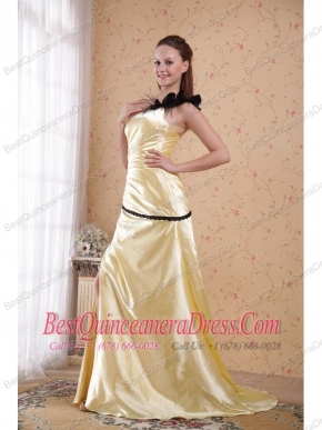 Yellow Column / Sheath One Shoulder Floor-length Elastic Woven Satin Ruch Prom Dress