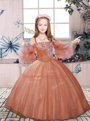 Cute Rust Red Ball Gowns Beading Little Girls Pageant Gowns Lace Up Tulle Sleeveless Floor Length