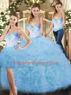 Flirting Floor Length Lace Up Sweet 16 Dress Blue for Sweet 16 and Quinceanera with Beading and Ruffles