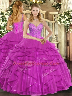 Modest Floor Length Fuchsia 15 Quinceanera Dress Tulle Sleeveless Beading and Ruffles