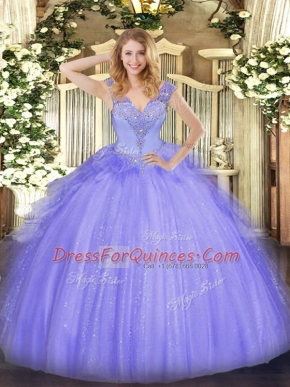 Cute V-neck Sleeveless Lace Up 15th Birthday Dress Lavender Tulle
