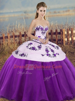 White And Purple Lace Up Sweetheart Embroidery and Bowknot Quinceanera Gowns Tulle Sleeveless