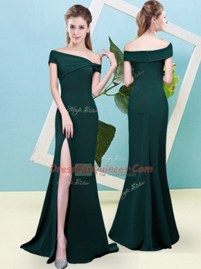 Off The Shoulder Sleeveless Zipper Vestidos de Damas Dark Green Elastic Woven Satin