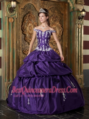 Purple Ball Gown Off The Shoulder Floor-length Taffeta Appliques Quinceanera Dress