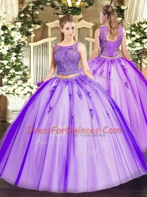 Lavender Two Pieces Beading and Appliques Quinceanera Gowns Lace Up Tulle Sleeveless Floor Length