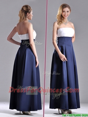 Elegant Strapless Ankle Length Prom Dress in Navy Blue and White