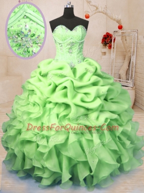 Yellow Green Organza Lace Up Sweetheart Sleeveless Floor Length Sweet 16 Quinceanera Dress Beading and Ruffles and Pick Ups