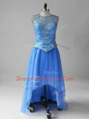 Inexpensive High Low Empire Sleeveless Blue Party Dress for Girls Brush Train Lace Up