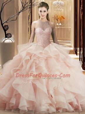 Perfect Halter Top Sleeveless 15th Birthday Dress Brush Train Beading and Ruffles Pink Organza