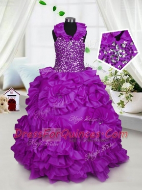 Halter Top Sleeveless Zipper Floor Length Beading Kids Formal Wear