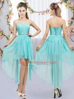 Stunning High Low Lace Up Damas Dress Aqua Blue for Wedding Party with Beading