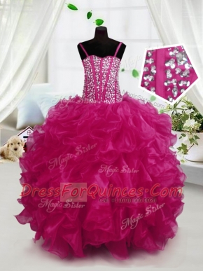 Hot Pink Ball Gowns Beading and Ruffles Kids Pageant Dress Lace Up Organza Sleeveless Floor Length