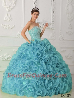 Blue Ball Gown Strapless 15th Birthday Dresses Organza Beading