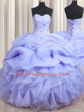 Fashion Visible Boning Ball Gowns Quinceanera Dresses Lavender Sweetheart Organza Sleeveless Floor Length Lace Up