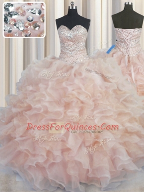 Top Selling Sleeveless Organza Floor Length Lace Up Quinceanera Gown in Champagne with Beading and Ruffles