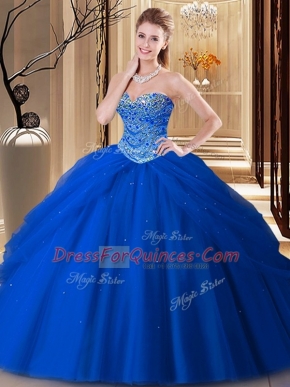 Royal Blue Ball Gowns Tulle Sweetheart Sleeveless Beading Floor Length Lace Up Sweet 16 Quinceanera Dress