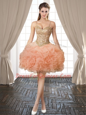 Popular Pick Ups Ball Gowns Evening Dress Peach Spaghetti Straps Organza Sleeveless Mini Length Backless