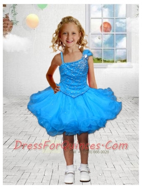 Beautiful A-Line Asymmetrical Mini-length Beading Blue Little Girl Dress