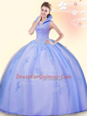 Most Popular Floor Length Backless 15 Quinceanera Dress Lavender for Military Ball and Sweet 16 and Quinceanera with Beading and Appliques