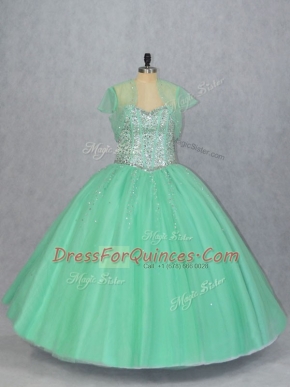 Fitting Sleeveless Floor Length Beading Lace Up Quince Ball Gowns with Apple Green