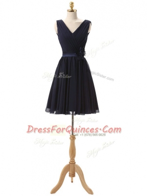 Sleeveless Chiffon Mini Length Lace Up Dama Dress for Quinceanera in Navy Blue with Hand Made Flower