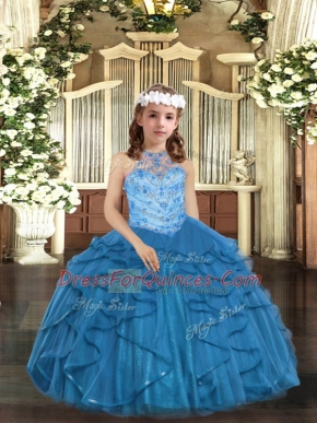 Blue Ball Gowns Beading and Ruffles Little Girl Pageant Dress Lace Up Tulle Sleeveless Floor Length