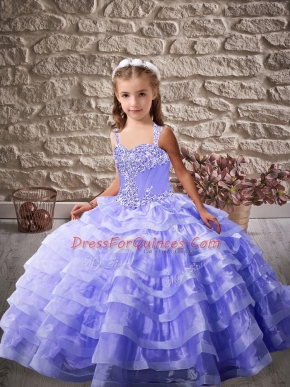 Beautiful Lavender Straps Neckline Ruffled Layers Glitz Pageant Dress Sleeveless Lace Up
