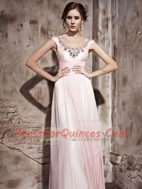 Scoop Baby Pink Sleeveless Chiffon Backless Prom Gown for Prom and Party