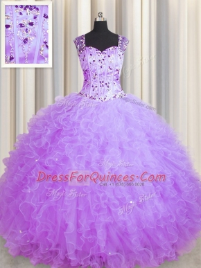 See Through Zipper Up Floor Length Zipper Quinceanera Dresses Purple for Military Ball and Sweet 16 and Quinceanera with Beading and Ruffles