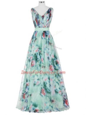 Custom Designed Multi-color Empire Ruching and Belt Dress for Prom Zipper Printed Sleeveless Floor Length