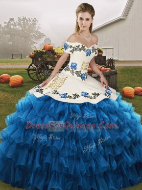 Blue And White Off The Shoulder Lace Up Embroidery and Ruffled Layers Vestidos de Quinceanera Sleeveless